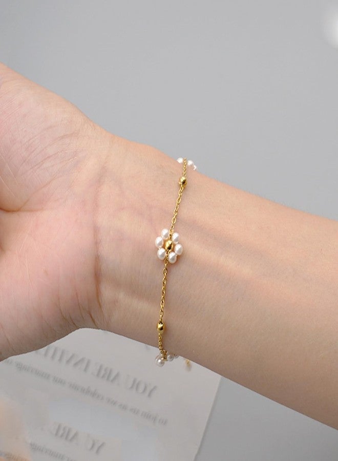 Zeffy Gold Bracelets for Women - 14K Gold Plated Pearl Daisy Flower Beaded Station Pearl Bracelets - Image 5